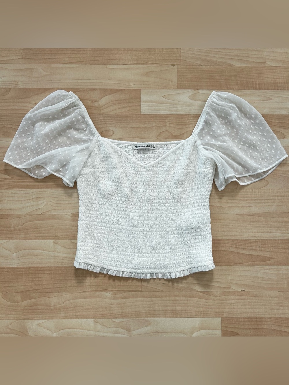 Abercrombie & Fitch White Smocked Puff-Sleeve Crop Top